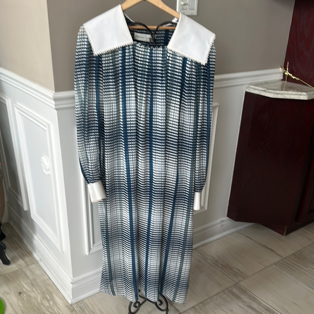 Blue and White Sheath Dress with Sailor Collar